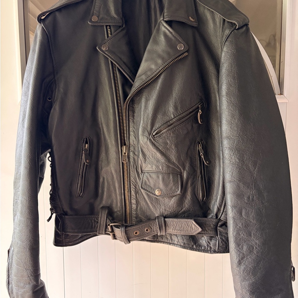 SOLD  Sleek Black Leather Motorcycle Jacket
